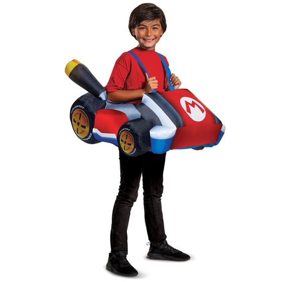 Child wearing a Mario Kart costume on a white background