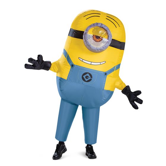 Inflatable Minion costume with yellow head and blue overalls on a white background