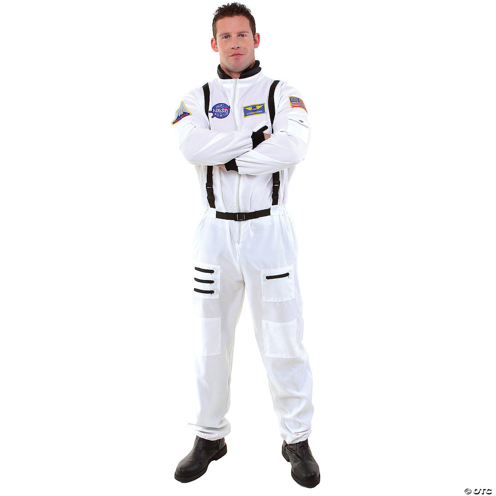 Person wearing a white astronaut suit on a white background