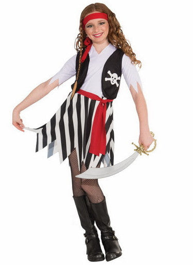 Child in a pirate costume with a white shirt, striped skirt, and red bandana on a white background
