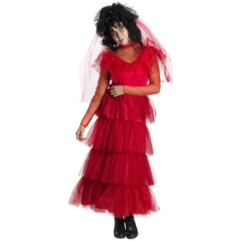 Person wearing a red dress with a veil on a white background