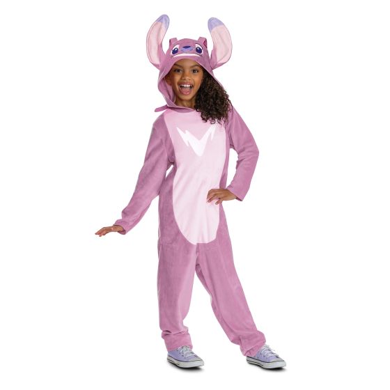 Child wearing a pink cartoon character onesie on a white background