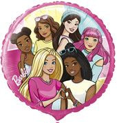 Barbie-themed balloon with multiple characters on a pink background