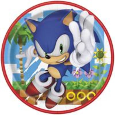 Sonic the Hedgehog character on a red border with palm trees and flowers