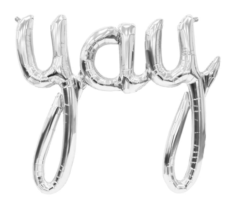 Air-Filled Silver 'Yay" Script Balloon - MEGALOON NUMBERS/LETTERS - Party Supplies - America Likes To Party