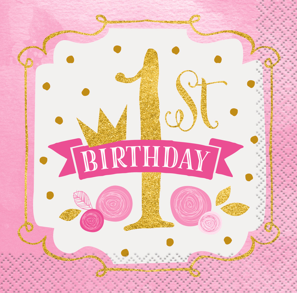 Pink & Gold 1st Birthday Beverage Napkins 16ct - 1ST BDAY GIRL - Party Supplies - America Likes To Party